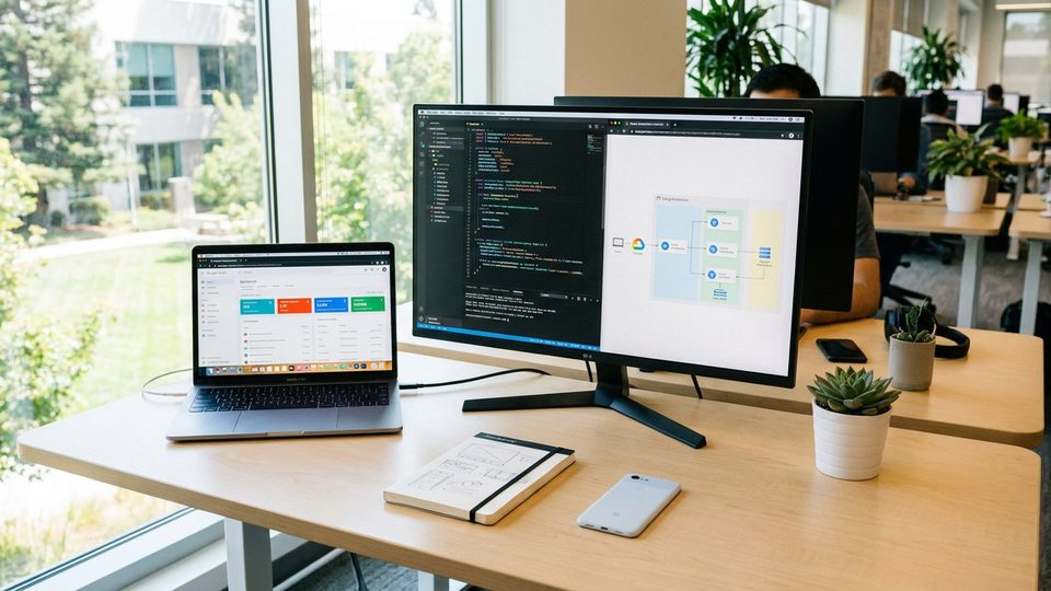 Postazione di sviluppo software e ingegneria cloud con codice sorgente e diagrammi architetturali