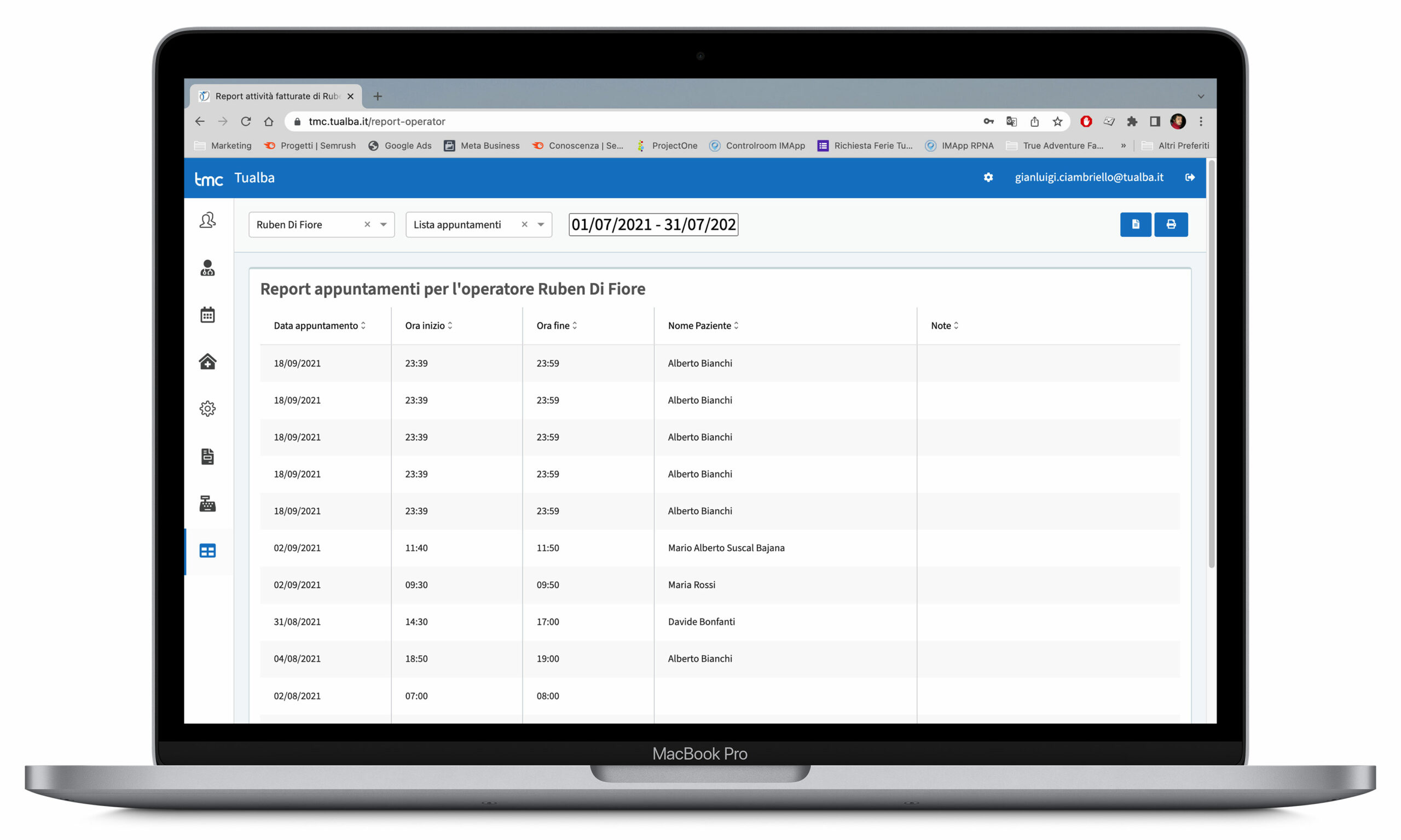 TMC Tualba Report appuntamenti operatore